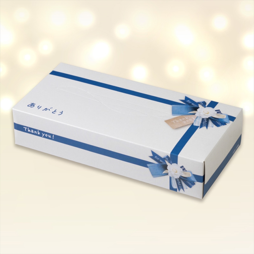 リボン／ボックスティッシュ　ありがとう(青リボン)