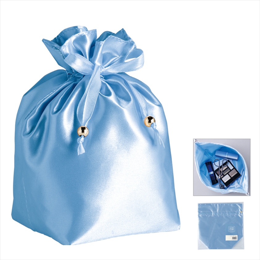 サテンキューブ巾着（アクアブルー）